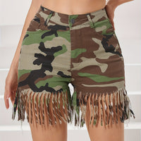 Women's Stretch Camo Tassel Denim Shorts - Sexy, High-Waisted with Fringe Detail, Cotton Blend, Perfect for Spring/Summer
