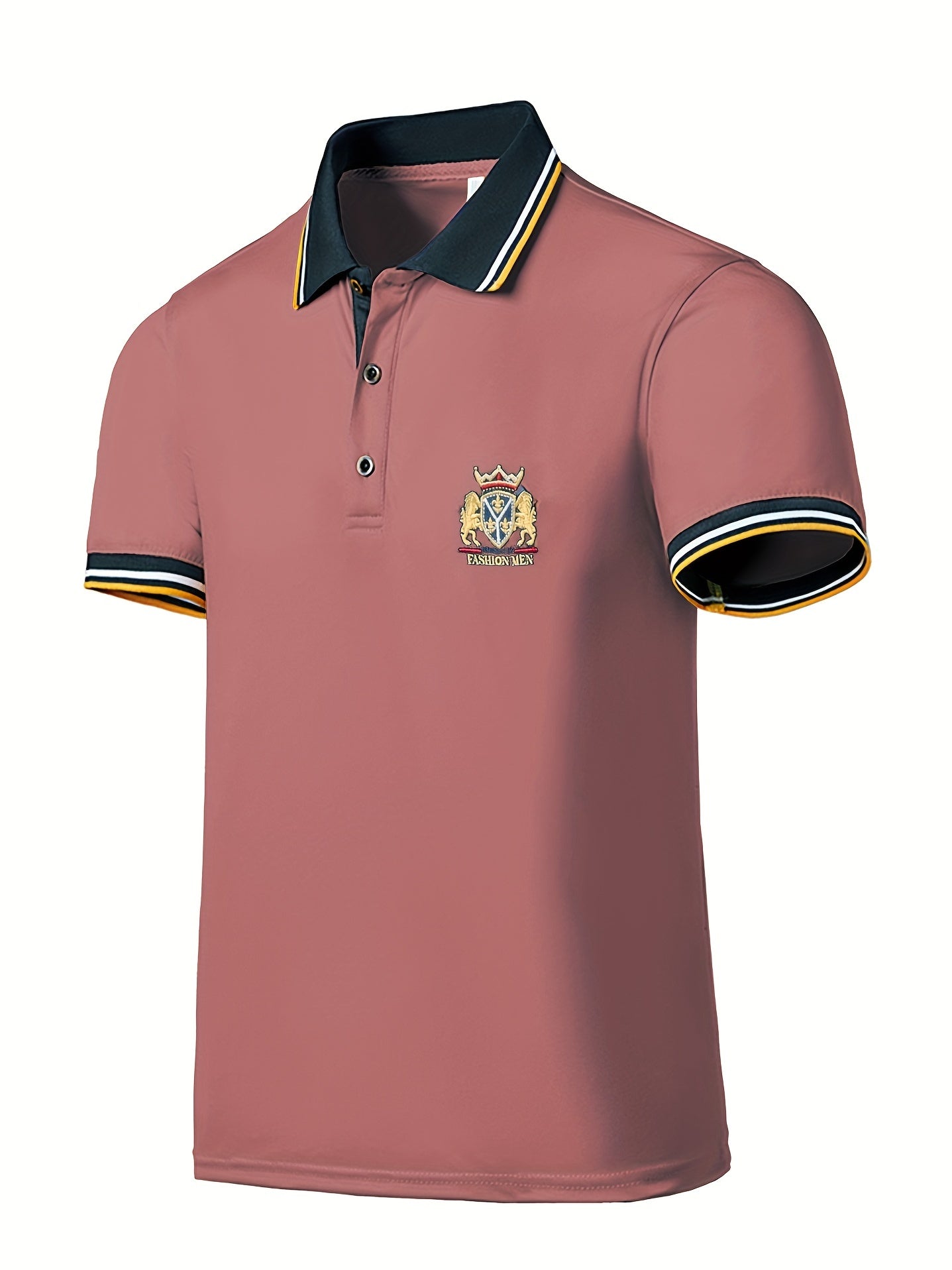 Men's Casual Shirt - Vibrant Red with Golden Embroidered Crest, Short Sleeve Summer Shirt, Regular Fit, Black & Yellow Trim Collar, Breathable Fabric for Casual & Semi-Formal Wear, Contrast Stripe Detailing