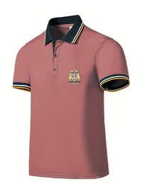 Men's Casual Shirt - Vibrant Red with Golden Embroidered Crest, Short Sleeve Summer Shirt, Regular Fit, Black & Yellow Trim Collar, Breathable Fabric for Casual & Semi-Formal Wear, Contrast Stripe Detailing