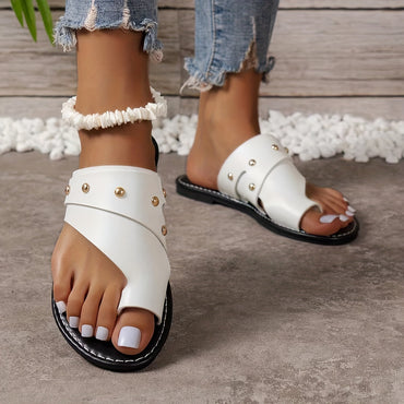 Stylish Studded Flat Sandals - Comfy Slip-On Shoes with Non-Slip Sole, Solid Color Toe Loop Design, Perfect for Summer Beach, Pool, and Outdoor Activities - Easy to Wear and Walk