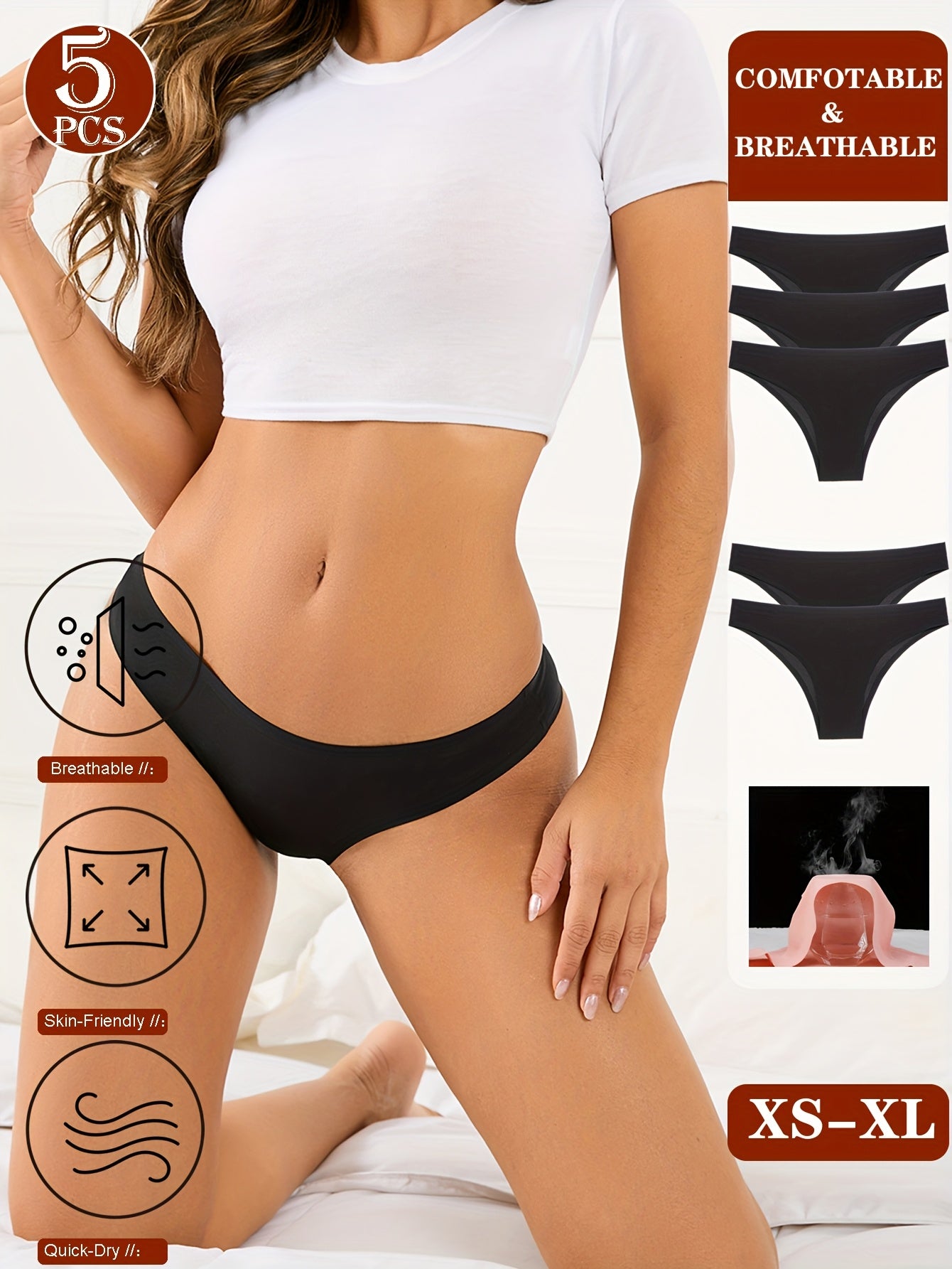 5pcs Women'S Seamless Bikini Underwear - Breathable, Quick-Dry, Comfort Fit, Low-Rise, Solid, 5 Styles for Everyday & Special Occasions, Bikini Bottoms, Everyday Underwear, Minimalist Design, Smooth Texture