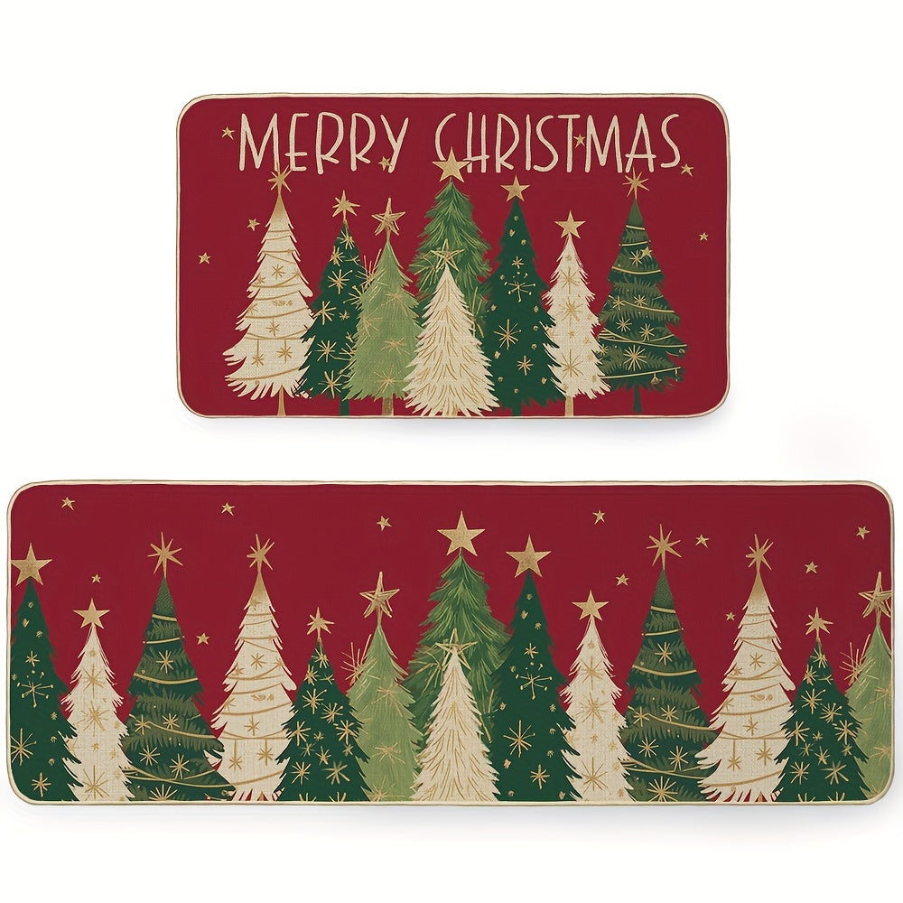 Merry Christmas Kitchen Mats Set Of 2, Red Xmas Tree Winter Farmhouse Style Home Kitchen Decorations Rugs For Floor- 17x29 And 17x47 Inch BT007