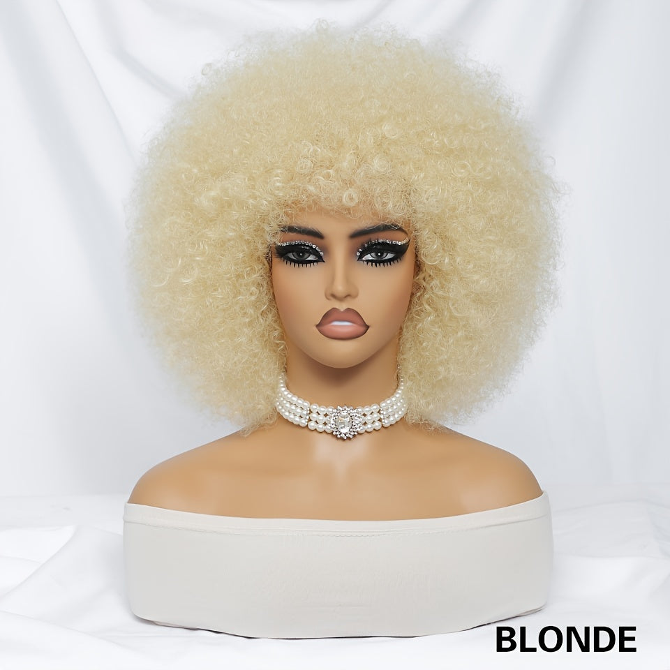 Short Afro Wigs For Women Blonde 10 Inch Afro Curly Wig With Bangs 70s Large Bouncy Soft Synthetic Female Wigs For Party Cosplay