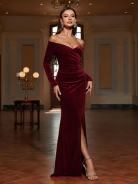 Stunning Off-Shoulder Ruched Bodycon Dress - Elegant Long Sleeve Party Dresses for Women - Split Thigh, Flattering Fit, and Chic Design for Banquet and Special Occasions