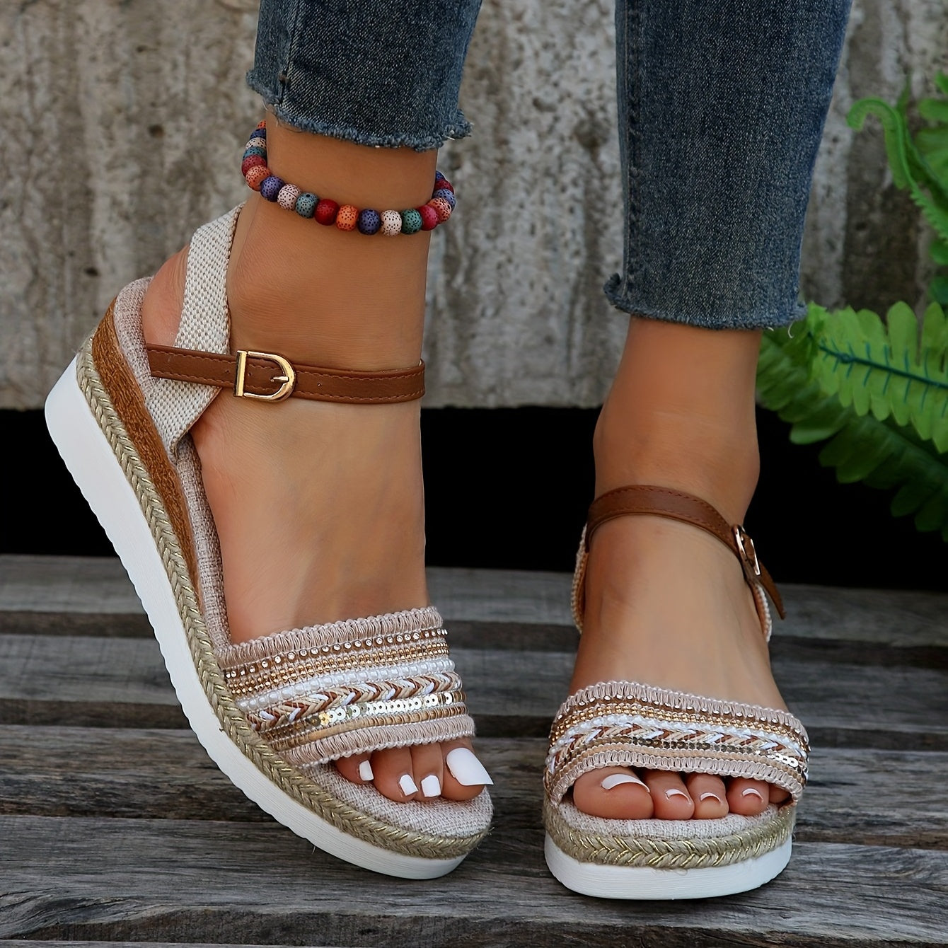 Chic Braided Wedge Sandals - Open Toe Ankle Buckle Adjustables - Elastic Slingback Comfort - Boho Summer Style
