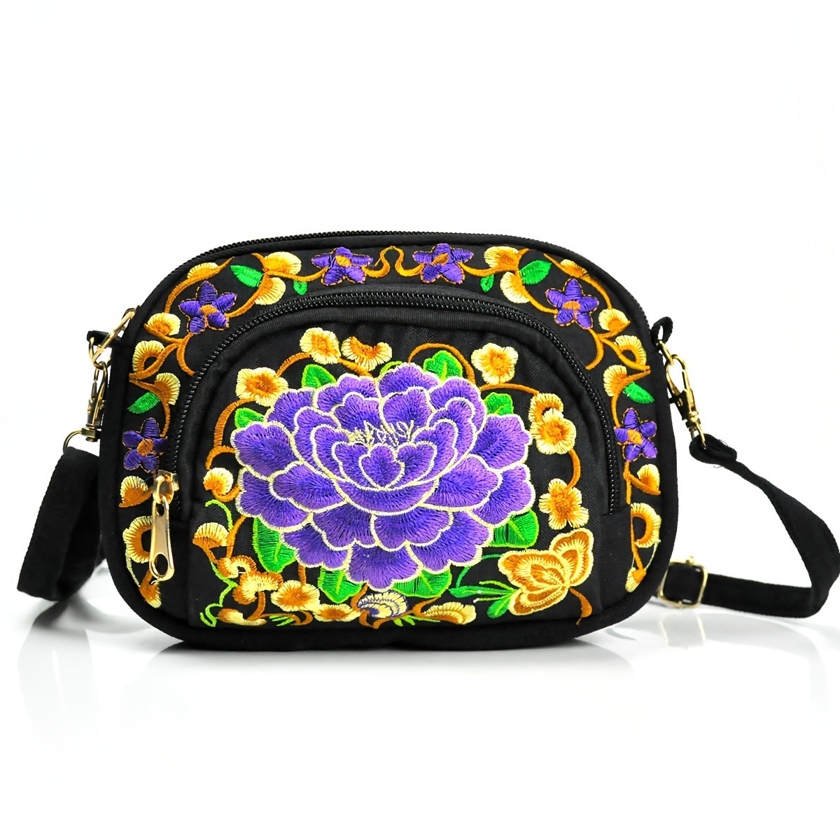 [Vibrant Crossbody Bag] Lightweight Double-Sided Vibrant Floral Embroidered Crossbody Bag for Women | Detachable Strap, Zipper Closure, Phone Pocket - Perfect for Casual Outings, Travel Accessory