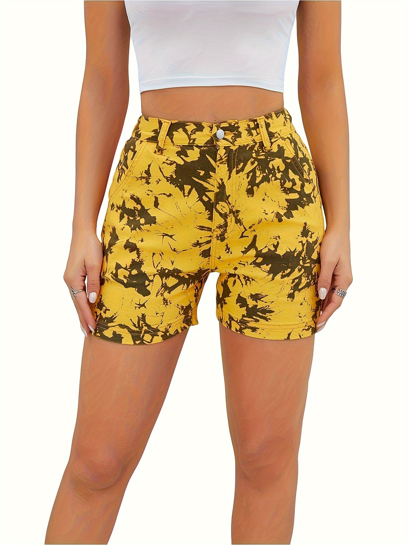 Women's High Waist Camouflage Print Denim Shorts, Elastic Streetwear Style, Casual Summer Hot Pants with Pockets