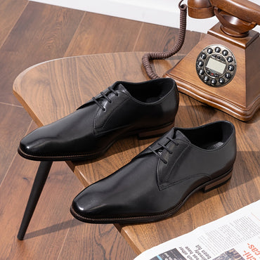 Men's Solid Colour Top Grain Leather Plain Toe Oxford Shoes, Comfy Non Slip Durable Rubber Sole Lace Up Formal Shoes, Men's Footwear