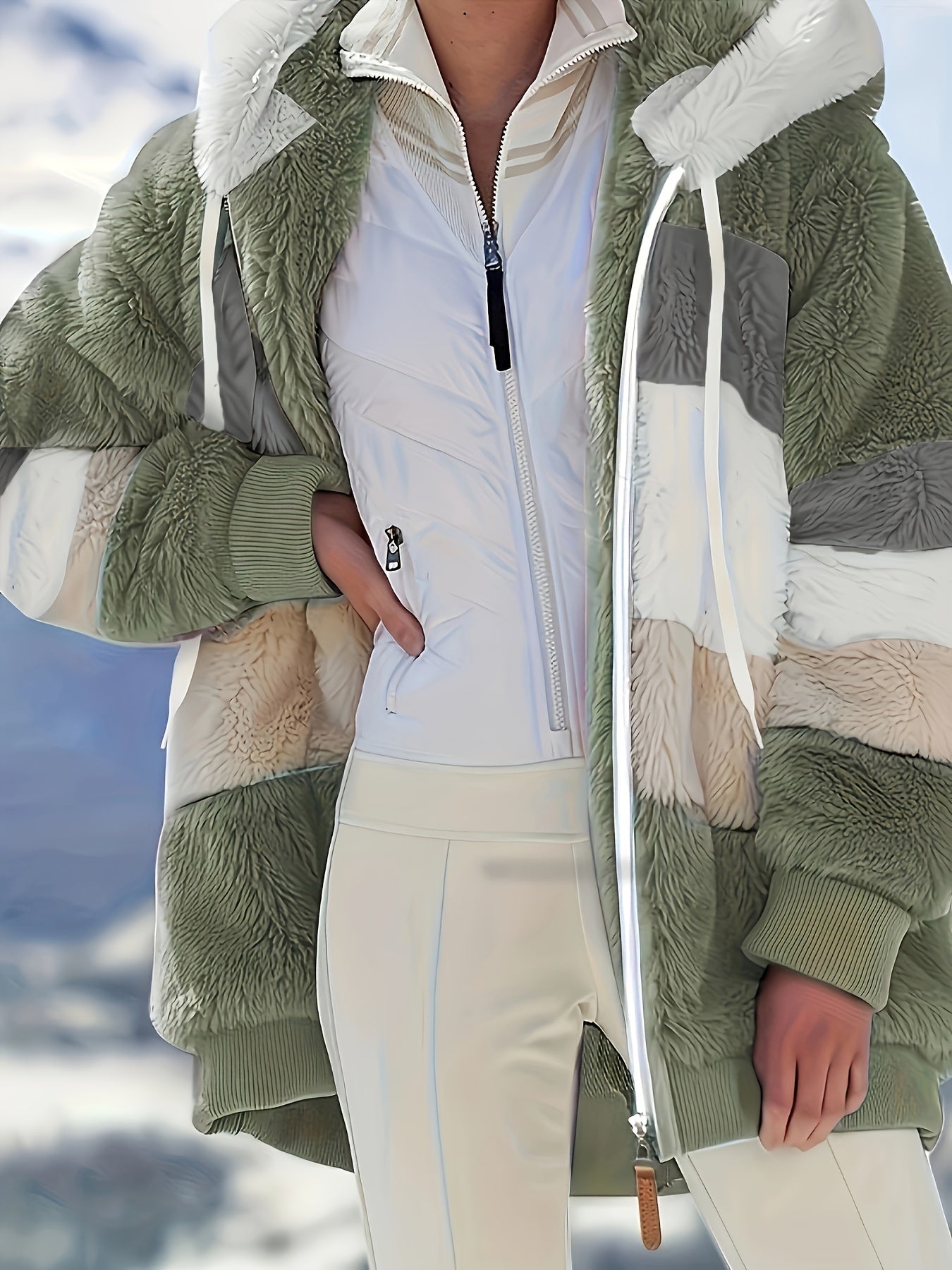 Womens Ultra-Soft Teddy Fleece Color Block Hooded Coat - Stylish Zip Up Winter Warm Outerwear with Full Hood and Long Sleeves - Trendy Casual Clothing for Chilly Days