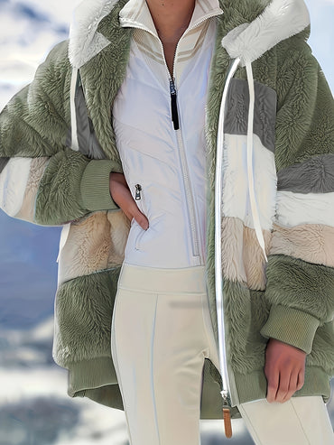 Womens Ultra-Soft Teddy Fleece Color Block Hooded Coat - Stylish Zip Up Winter Warm Outerwear with Full Hood and Long Sleeves - Trendy Casual Clothing for Chilly Days