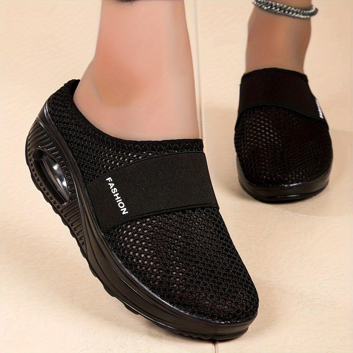 Women's Flying Woven Mesh Sandals, Casual Air Cushion Sole Mules, Breathable & Lightweight Mule Sneakers