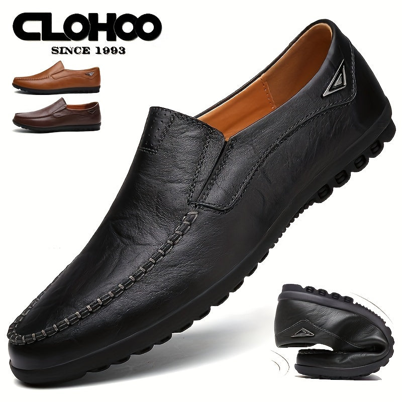 Plus Size CLOHOO Men's Solid Colour Split Leather Slip On Loafer Shoes, Comfy Non Slip Rubber Sole Dress Shoes, Men's Footwear