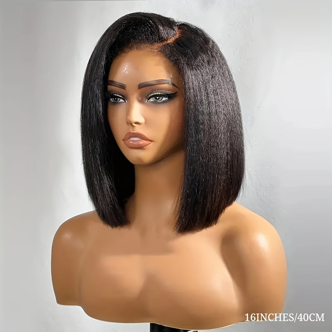 Kinky Straight Short Bob Wig 10-16 - HD Transparent 13x4 Lace Frontal, Glueless Swiss Lace - Pre-Plucked, High Density Natural Hair for Women