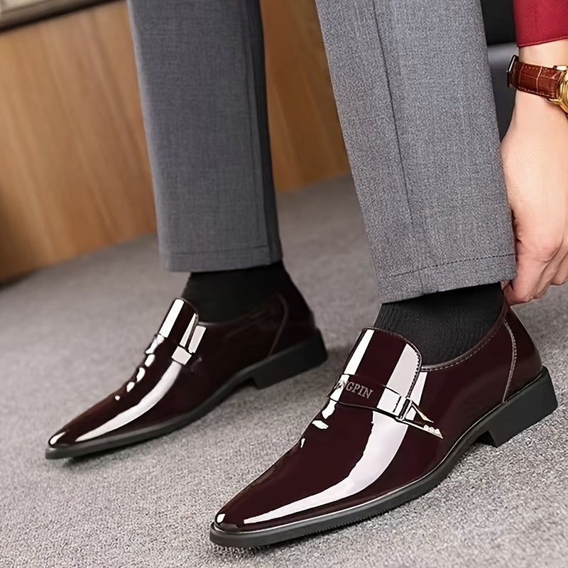 Men's Solid Color Faux Patent Leather Upper Slip On Loafer Shoes, Comfy Non Slip Casual Business Style Dress Shoes, Men's Footwear