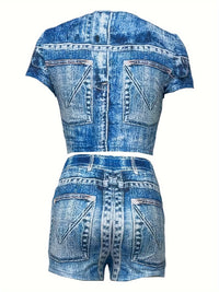 Casual Faux Denim Shorts Set, Crew Neck Short Sleeve Crop T-shirt & Skinny Jegging Shorts Outfits, Women's Clothing
