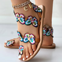 [Flowers Flat Women's Sandals] Women's Flowers Flat Sandals, Fashion Toe Loop Faux Pearl Slip On Shoes, Casual Beach Travel Sandals