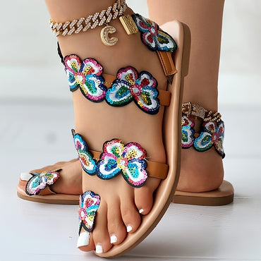 [Flowers Flat Women's Sandals] Women's Flowers Flat Sandals, Fashion Toe Loop Faux Pearl Slip On Shoes, Casual Beach Travel Sandals