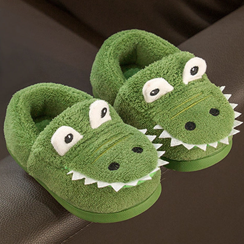 Boys' Dinosaur Slippers with Plush TPR Sole & Alligator/Crocodile Teeth - Warm Winter Indoor/Outdoor, Green & White Low-Top Easy Slip-On for, Cute Dino Footwear for Bedtime & Play