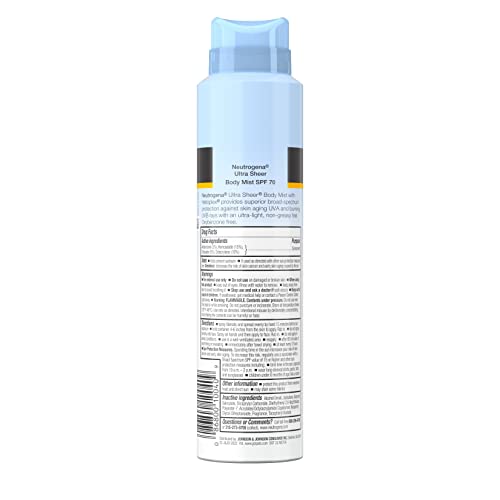 Neutrogena Ultra Sheer Body Mist SPF 70 Sunscreen Spray, Broad Spectrum UVA/UVB Protection, Lightweight, Non-Greasy Water Resistant Body Sunscreen Mist, Non-Comedogenic, 5 oz