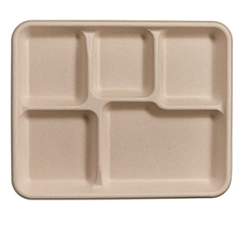 Comfy Package, 100% Compostable 5 Compartment Plates [125 Pack] Eco-Friendly Disposable Sugarcane 10 inch Paper Trays - Brown Unbleached