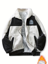 Warm Plush Fleece Jacket, Men's Casual Color Block Stand Collar Jacket Coat For Fall Winter