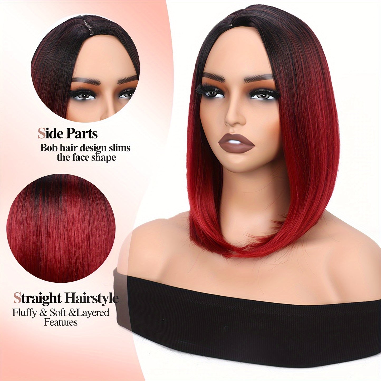 14-Inch Straight Synthetic Bob Wig with Ombre Effect - Black to Red, Heat-Resistant Fiber, Daily Cosplay & Party Style, High-Density Rose Net, Perfect for Women, Party Hair Accessory | Stylish Hairpiece | Heatresistant Fiber,
