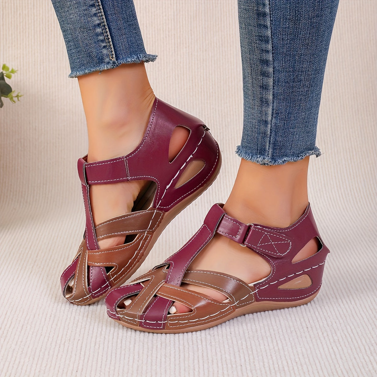 Fashion-Forward Womens Wedge Sandals - Casual Closed Toe Design with Breathable Hollow Out Faux Leather, Lightweight & Comfortable - Perfect Summer Outdoor Sandals