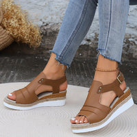Women's Comfy Mid-Heel Wedge Sandals - Open-Toe, Buckle Ankle Strap, Chic Geometric Colorblock for Summer Elegance