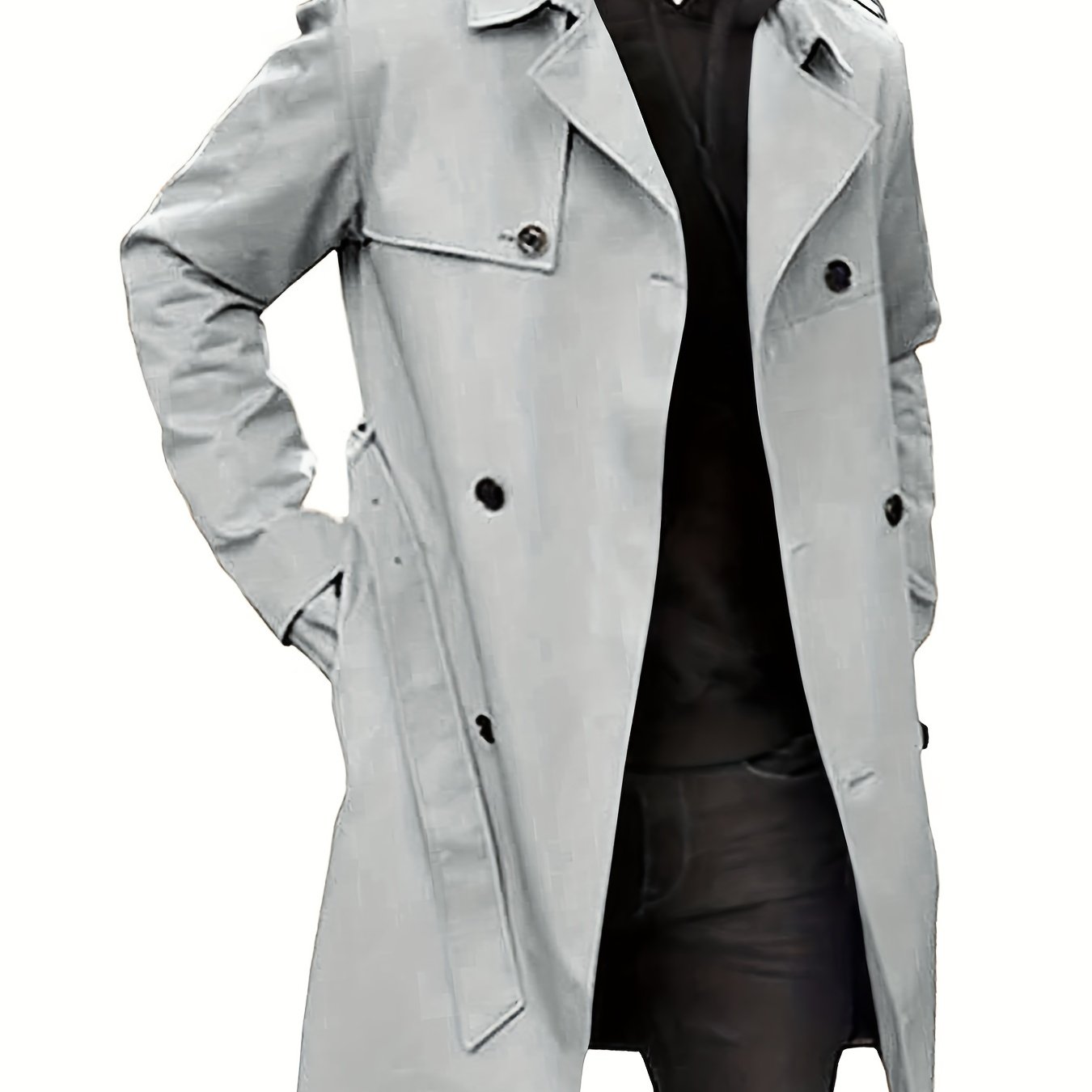Plus Size Men's Trendy Windbreaker Double-breasted Belt Lapel Casual Slim Long Jacket Coat