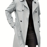 Plus Size Men's Trendy Windbreaker Double-breasted Belt Lapel Casual Slim Long Jacket Coat