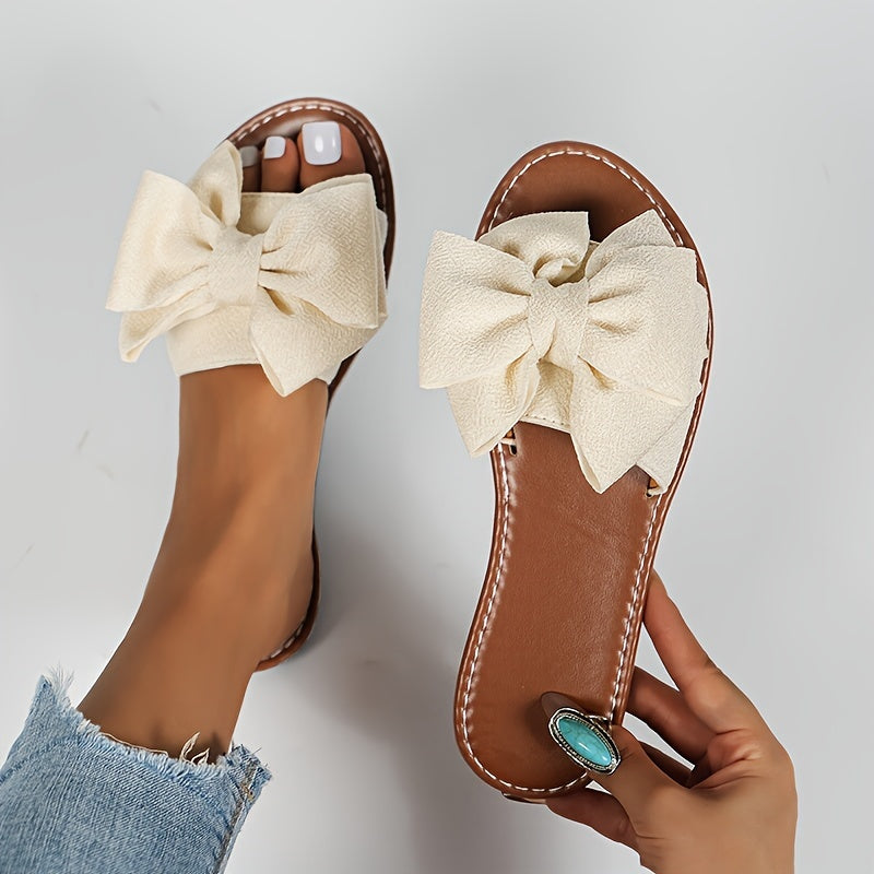 Ladies' Bowknot Flat Sandals, Solid Color Open-Toe Non-Slip Shoes, Casual Outdoor Beach Sandals.