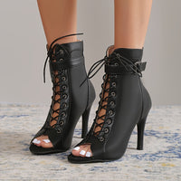 Women's Pointed Toe Lace-up High Heels, Sexy Black Buckle Belt Stiletto Heels Boots, Cross Strap Sandals