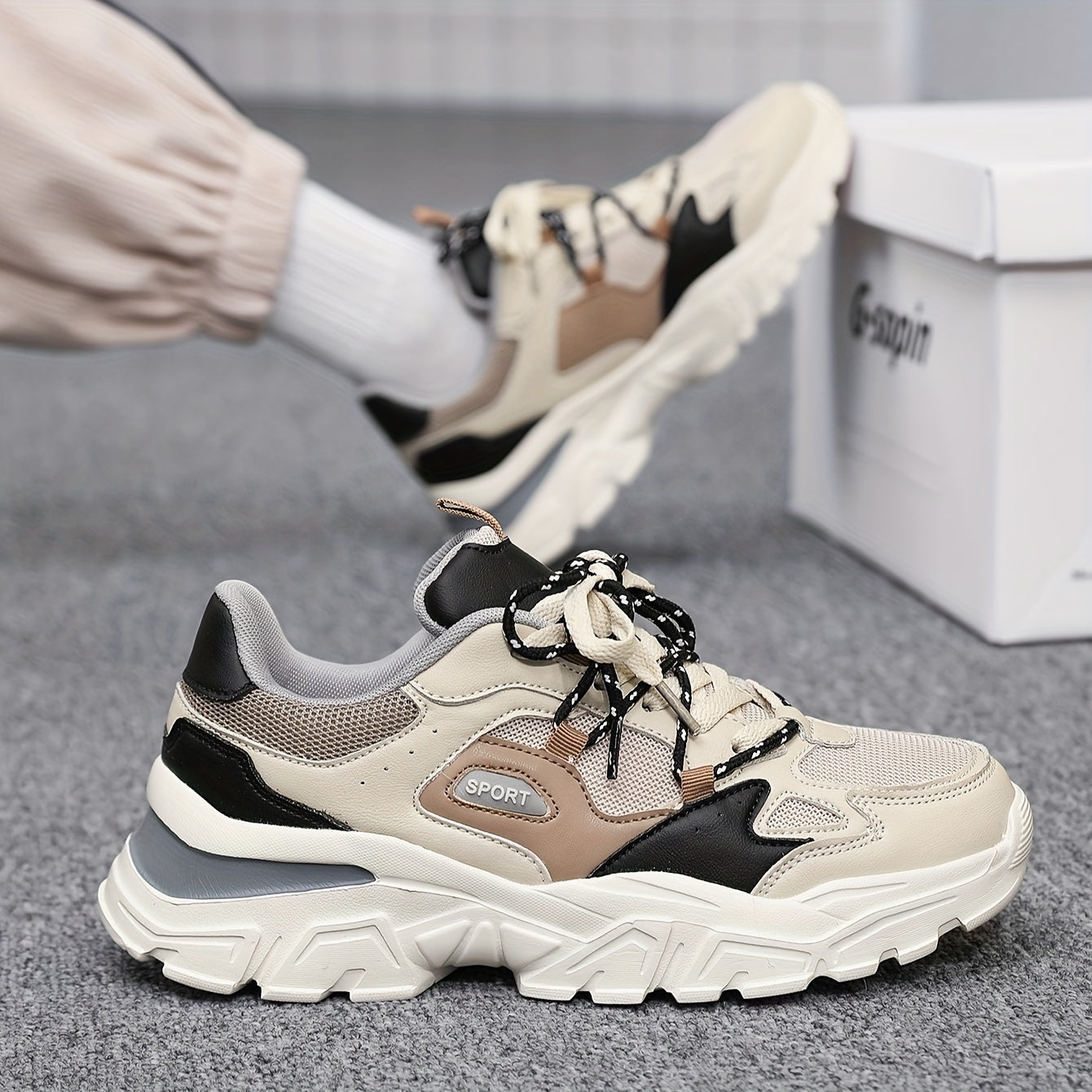 Men's Knit Breathable Chunky Shoes, Casual Lace Up Comfy Soft Sole Sneakers For Outdoor Activities, Spring And Summer, men's footwear
