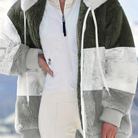 Plus Size Colorblock Fuzzy Hoodie Drawstring Zip Up Coat, Women's Plus Pocket Casual Overcoat