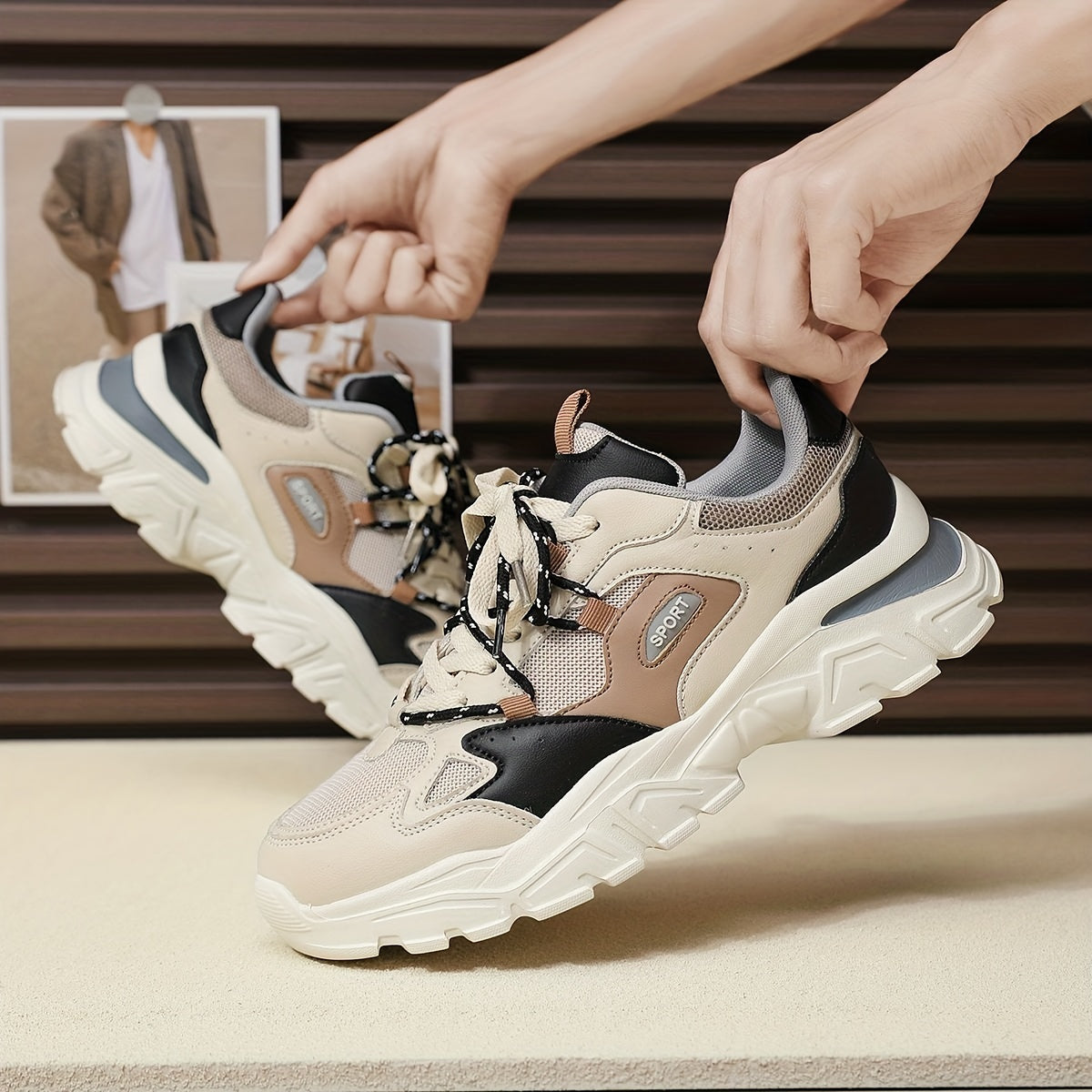Men's Knit Breathable Chunky Shoes, Casual Lace Up Comfy Soft Sole Sneakers For Outdoor Activities, Spring And Summer, men's footwear