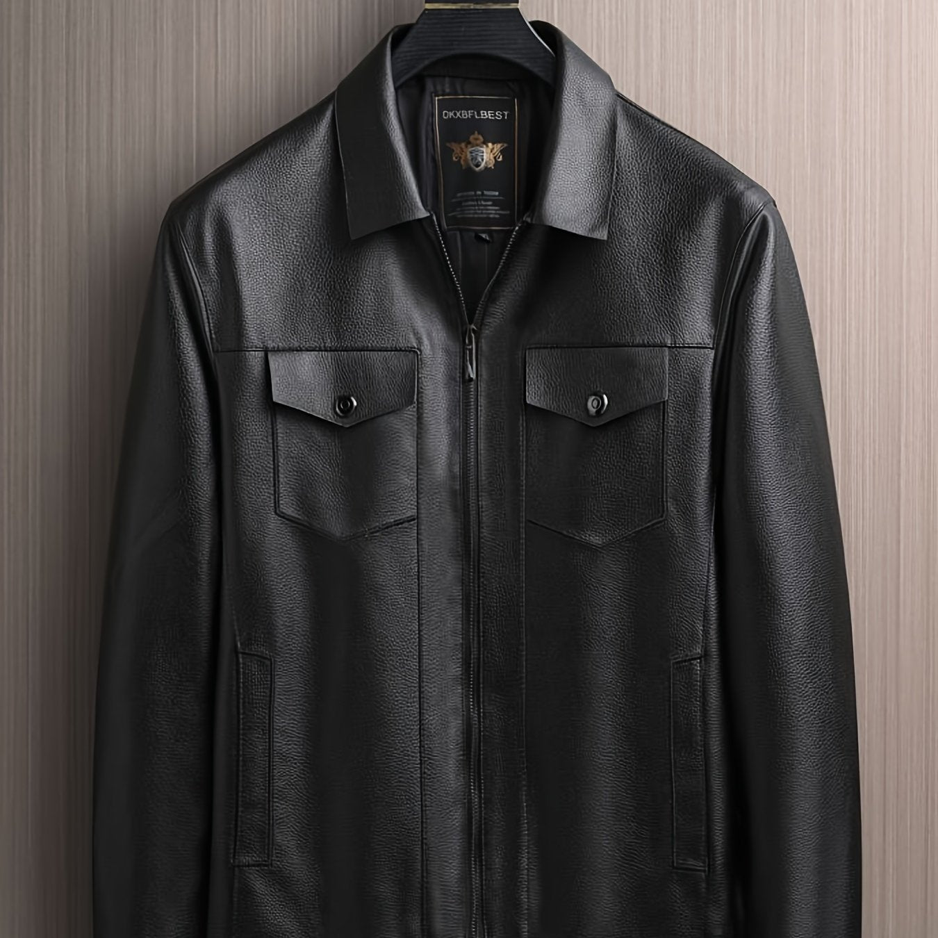 Full Zip Up PU Jacket, Men's Casual Windbreaker Jacket Faux Leather Coat Lapel Coat For Spring Autumn