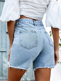 Ripped Raw Hem Stepped Waist Bermuda Jorts Denim Shorts, Distressed Washed Blue Denim Shorts, Women's Denim Jeans & Clothing