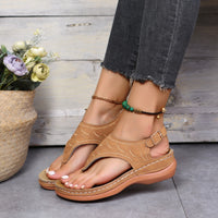 Womens Retro Charm Wedge Sandals - Comfort Thong, Adjustable Buckle, Open Toe Slingback - Casual Solid Color Style