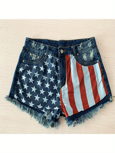 Women's Vintage American Flag Distressed Denim Shorts - High Waisted Summer Jean Shorts with Star Embroidery & Tassel Details, Retro Streetwear Fashion, Machine Washable, High Waisted Shorts, Poolside Attire