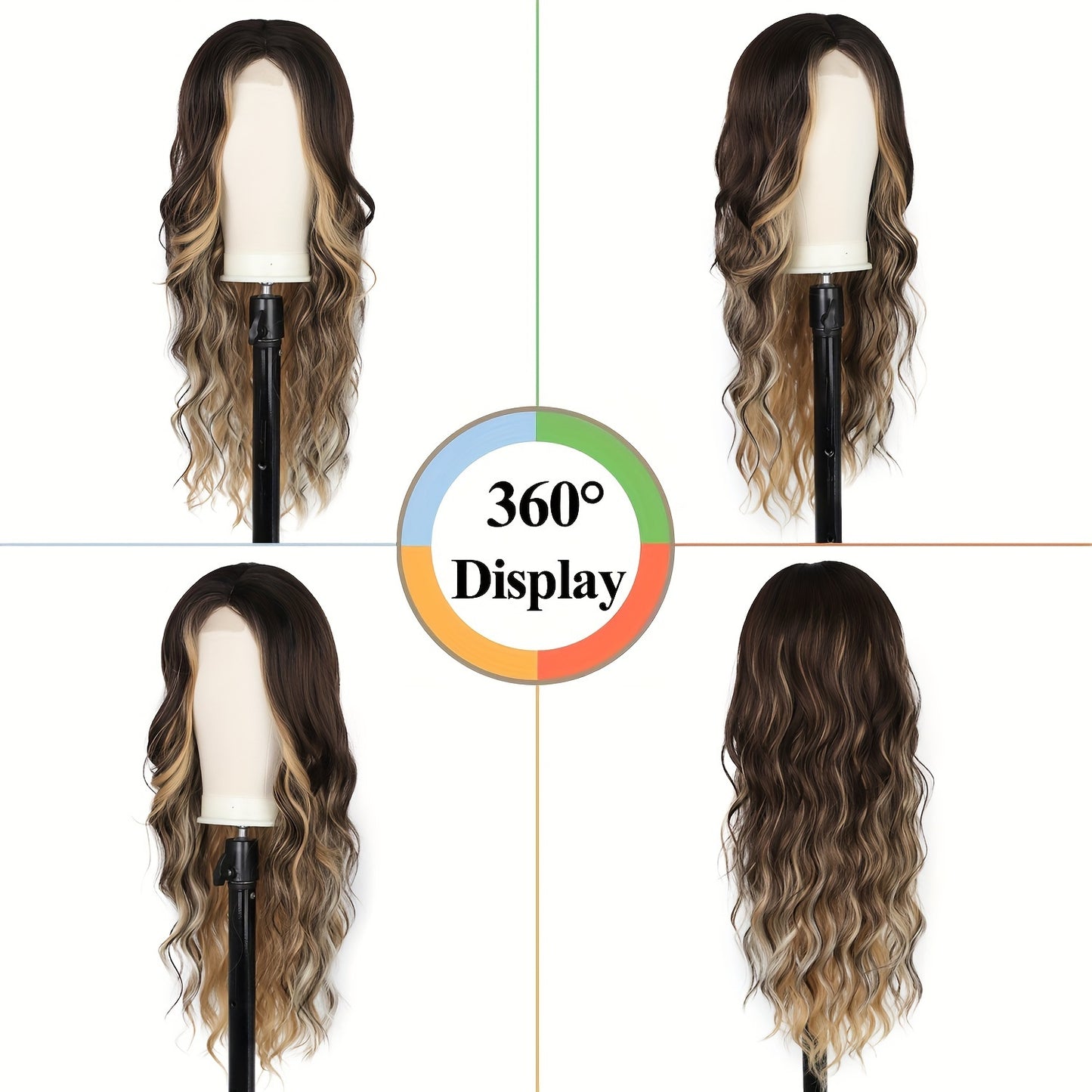 4*1 U-Part Lace Front Long Wigs For Women Middle Part Wavy Curly Wig With Dark Roots Synthetic Heat Resistant Fiber Wig For Daily Party Use (Brown With Blonde)