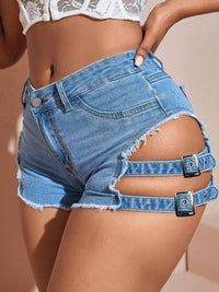 Womens Chic Adjustable Buckle Denim Shorts - Fashionable Cut Out, Distressed Raw Hem, Medium Stretch Blue Jeans Shorts for a Trend-Forward Look