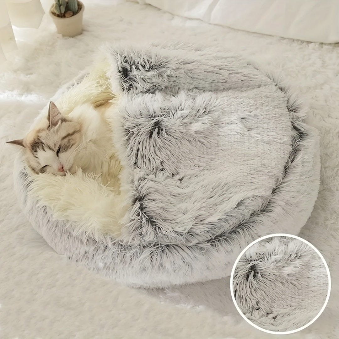 2 in 1 Round Warm Pet Bed House Polyester Cat Bed, Long Plush, Winter, with Sleeping Bag Sofa Cushion for Cat