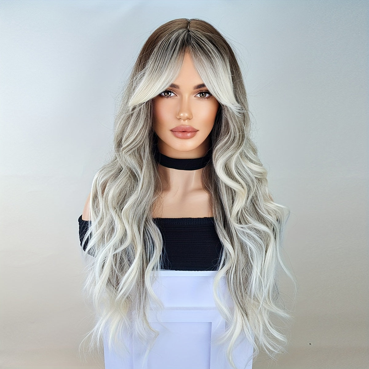 Long Ombre Brown Blonde Wavy Wigs With Curtain Bangs For Women Synthetic Curly Wig Heat Resistant Fiber Wigs For Daily Cosplay
