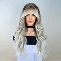 Long Ombre Brown Blonde Wavy Wigs With Curtain Bangs For Women Synthetic Curly Wig Heat Resistant Fiber Wigs For Daily Cosplay