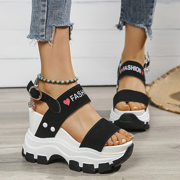 Casual Elegance Open-Toe Wedge Sandals, Solid Color with Strappy Back & Metal Buckle, Comfortable Platform Heel Fashion Footwear for Women