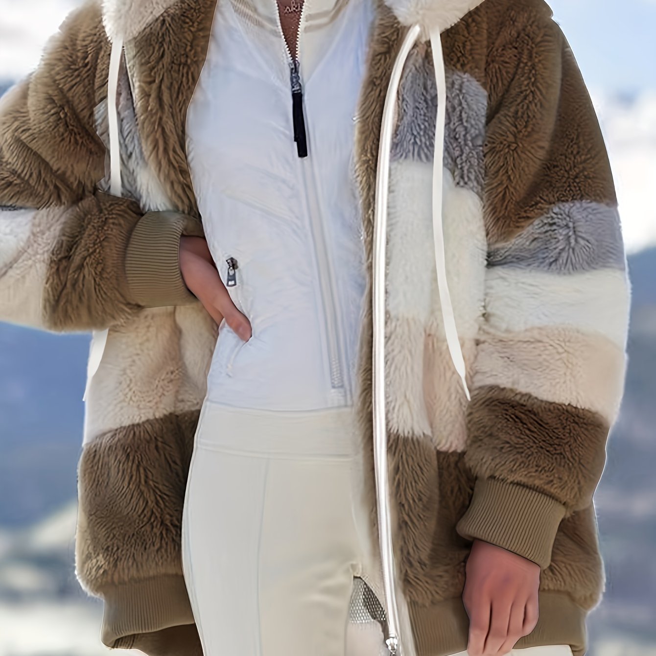Womens Ultra-Soft Teddy Fleece Color Block Hooded Coat - Stylish Zip Up Winter Warm Outerwear with Full Hood and Long Sleeves - Trendy Casual Clothing for Chilly Days