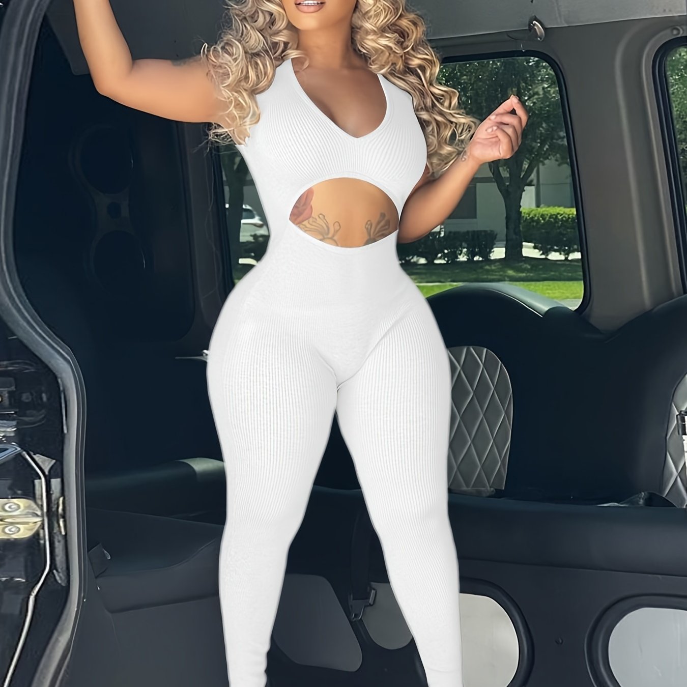 Cut Out Sleeveless Jumpsuit, Sexy Solid Bodycon Jumpsuit, Women's Clothing