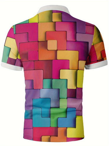 [Geometric 3D Print Polo] Geometric 3D Print Polo Shirt - Men's Casual Shirt for Spring, Summer, and Autumn - Perfect for Golf