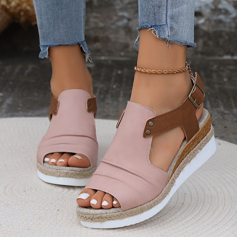 Women's Comfy Mid-Heel Wedge Sandals - Open-Toe, Buckle Ankle Strap, Chic Geometric Colorblock for Summer Elegance