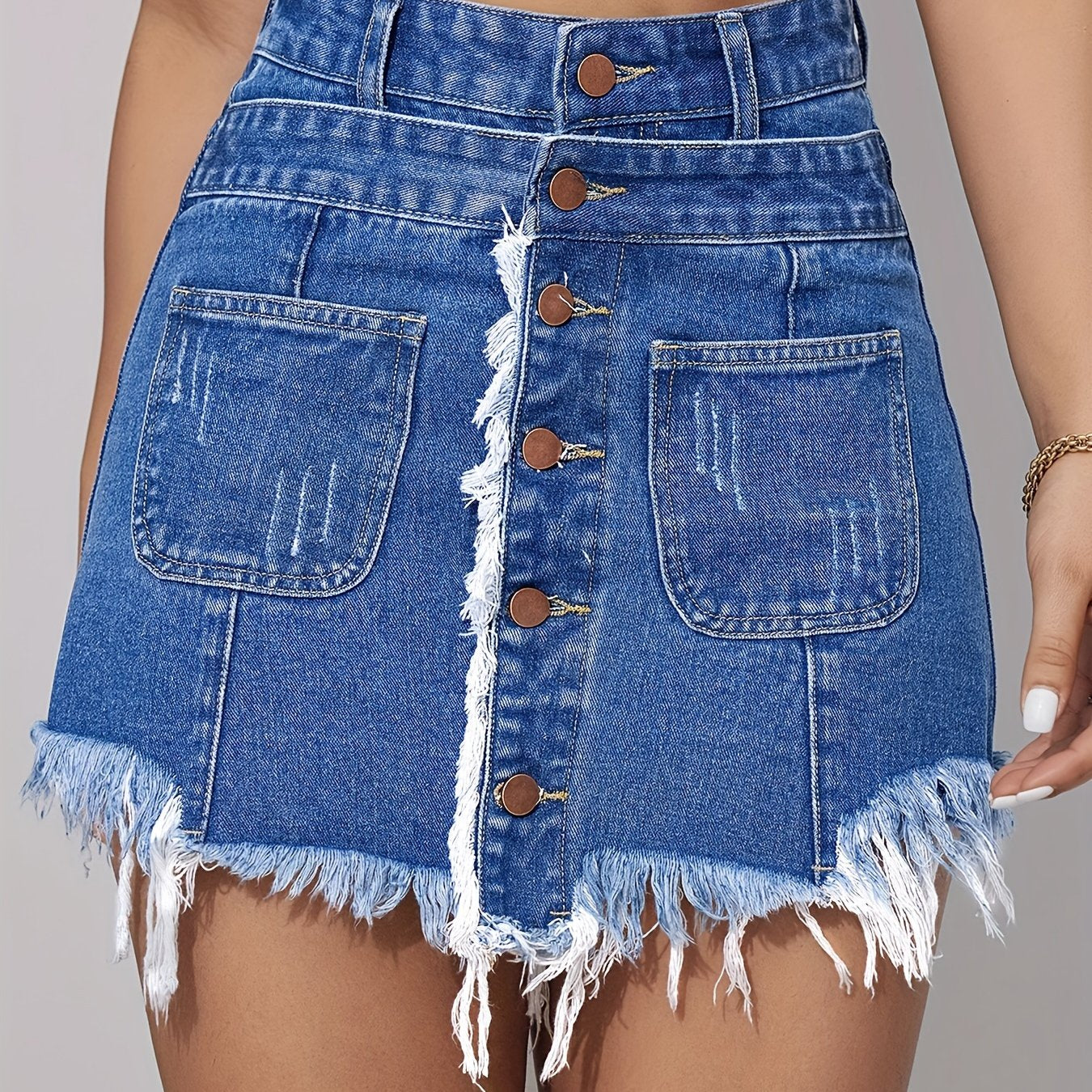 Women's High-Waisted Denim Shorts Skirted Shorts, Distressed Fringe Raw Hem Skorts, Elastic Waist, Loose Fit, Slimming, Preppy Style, Casual Summer Fashion
